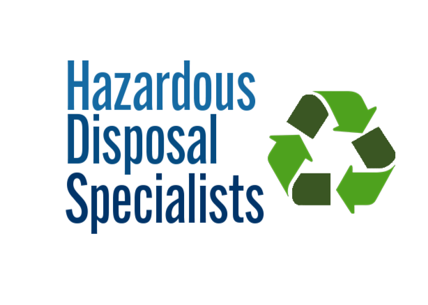 Text reading 'Hazardous Disposal Specialists' next to a green recycling symbol.