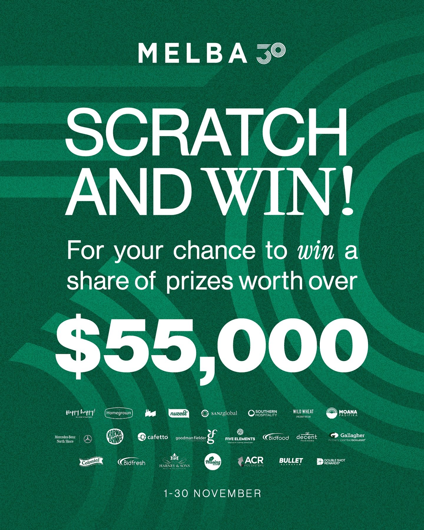 The celebrations start this weekend, and you&rsquo;re invited! 🎉
Throughout November, spend $15+ at any MELBA location for your chance to scratch &amp; win a share of over $55,000 worth of prizes! Join us as we mark three decades of coffee, communit