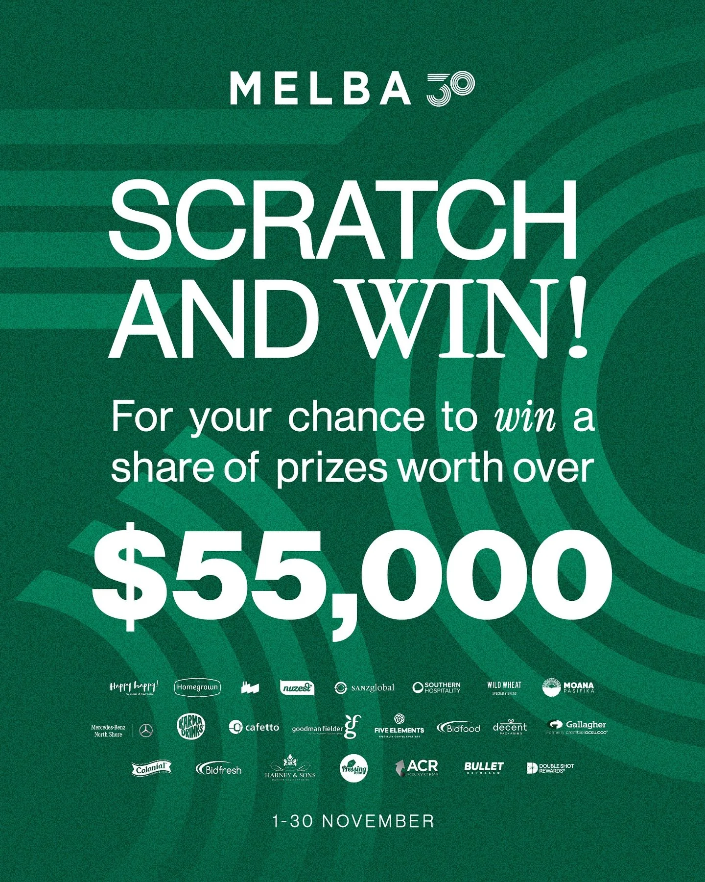 The celebrations start this weekend, and you&rsquo;re invited! 🎉
Throughout November, spend $15+ at any MELBA location for your chance to scratch &amp; win a share of over $55,000 worth of prizes! Join us as we mark three decades of coffee, communit