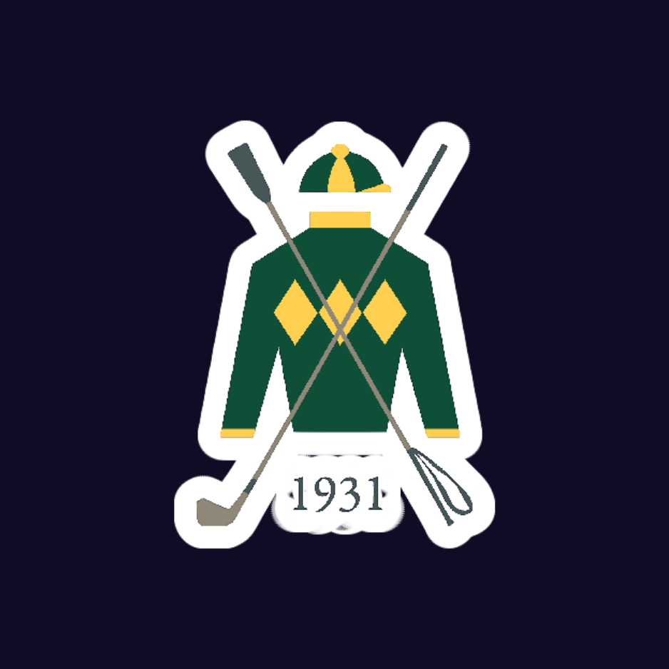 Logo of a golf club established in 1931, featuring a green and yellow checkered golf cap, crossed golf clubs, and a dark green sweater with yellow diamond patterns.