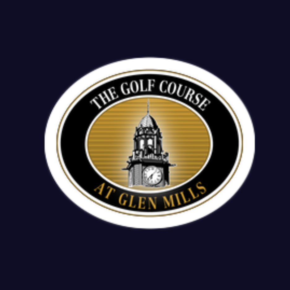 Logo for The Golf Course at Glen Mills featuring a clock tower against a gold background with black and gold borders.
