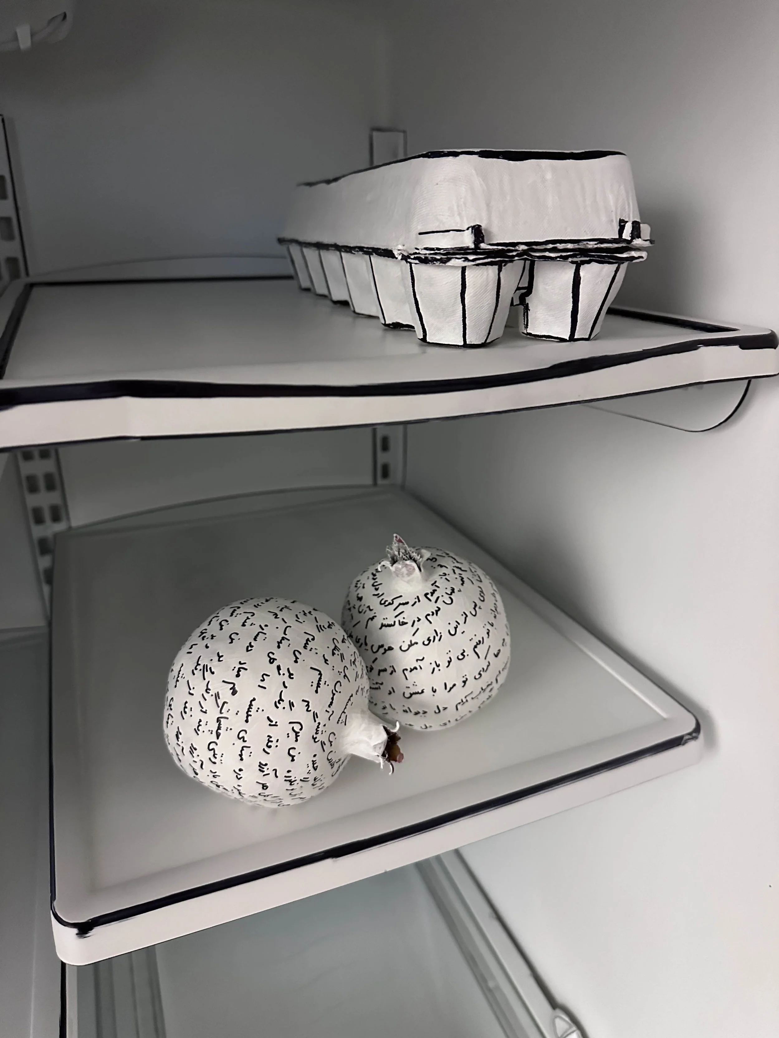 A close up image of some white pomegranates with Persian writing on them and a surreal black and white egg carton, inside a surreal black and white refrigerator