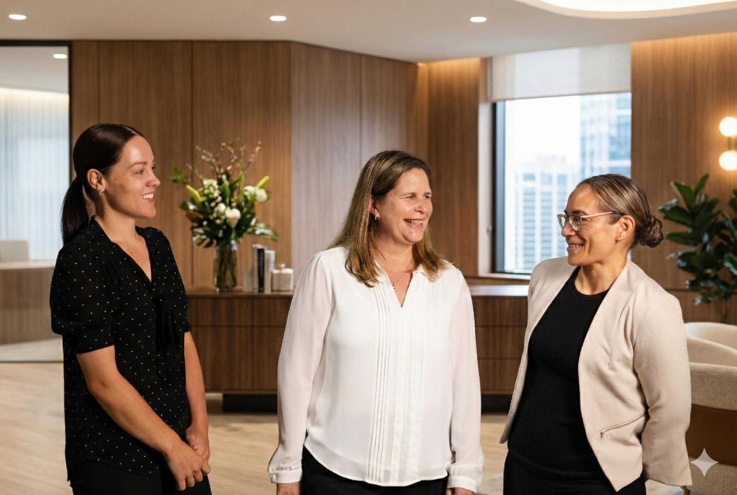 Three female colleagues from Town & Country Accountants smiling in a modern office lobby.
