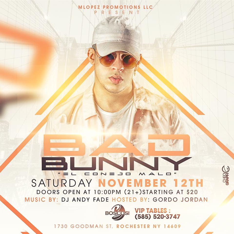 Event poster featuring a young man wearing a cap, sunglasses, and a light-colored jacket. The background has a bridge design and the poster promotes a music event for Bad Bunny on Saturday, November 12th, with details about doors opening at 10:00 PM, tickets starting at $20, music by DJ Andy Fade, hosted by Gordo Jordan, and VIP tables contact number.