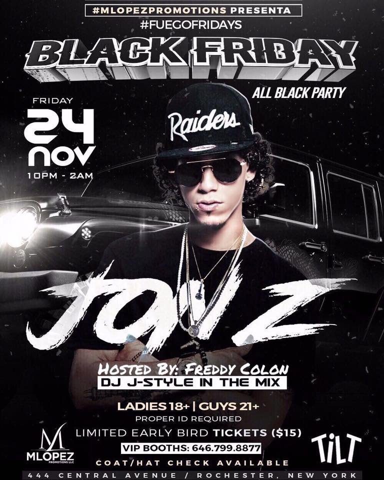 Black and white promotional poster for a nightclub event titled 'Black Friday'. The event is scheduled for November 24th from 10 PM to 2 AM, hosted by Freddy Colón with DJ J-Style. The poster features a young man wearing sunglasses, a cap with the Raiders logo, and chains, standing in front of a luxury car. It mentions an all-black party, with guests aged 18 and over, and offers limited early bird tickets at $15. Contact info and details about VIP booths and coat check are also included.
