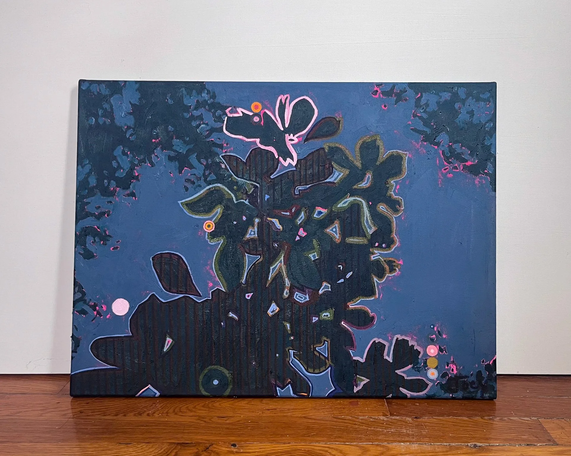 “The center of gravity between the Moon and the Earth isn’t the Earth”, Oil on canvas, 24 x 36 inches, July 2024