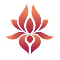 Abstract flower design with stylized petals in shades of red and orange.