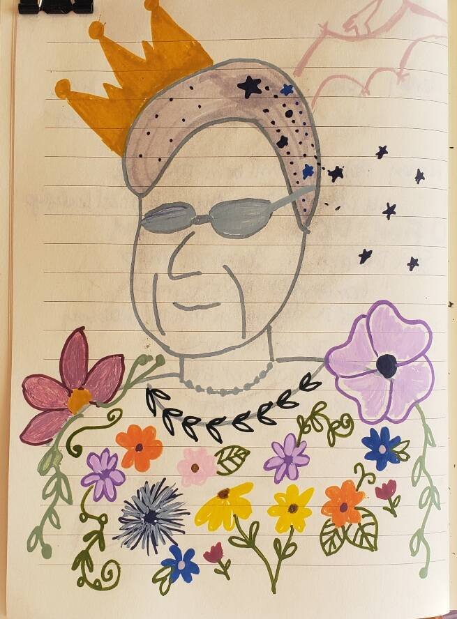 A hand-drawn illustration of a person's face with glasses, a necklace, and a crown, surrounded by colorful flowers and leaves.