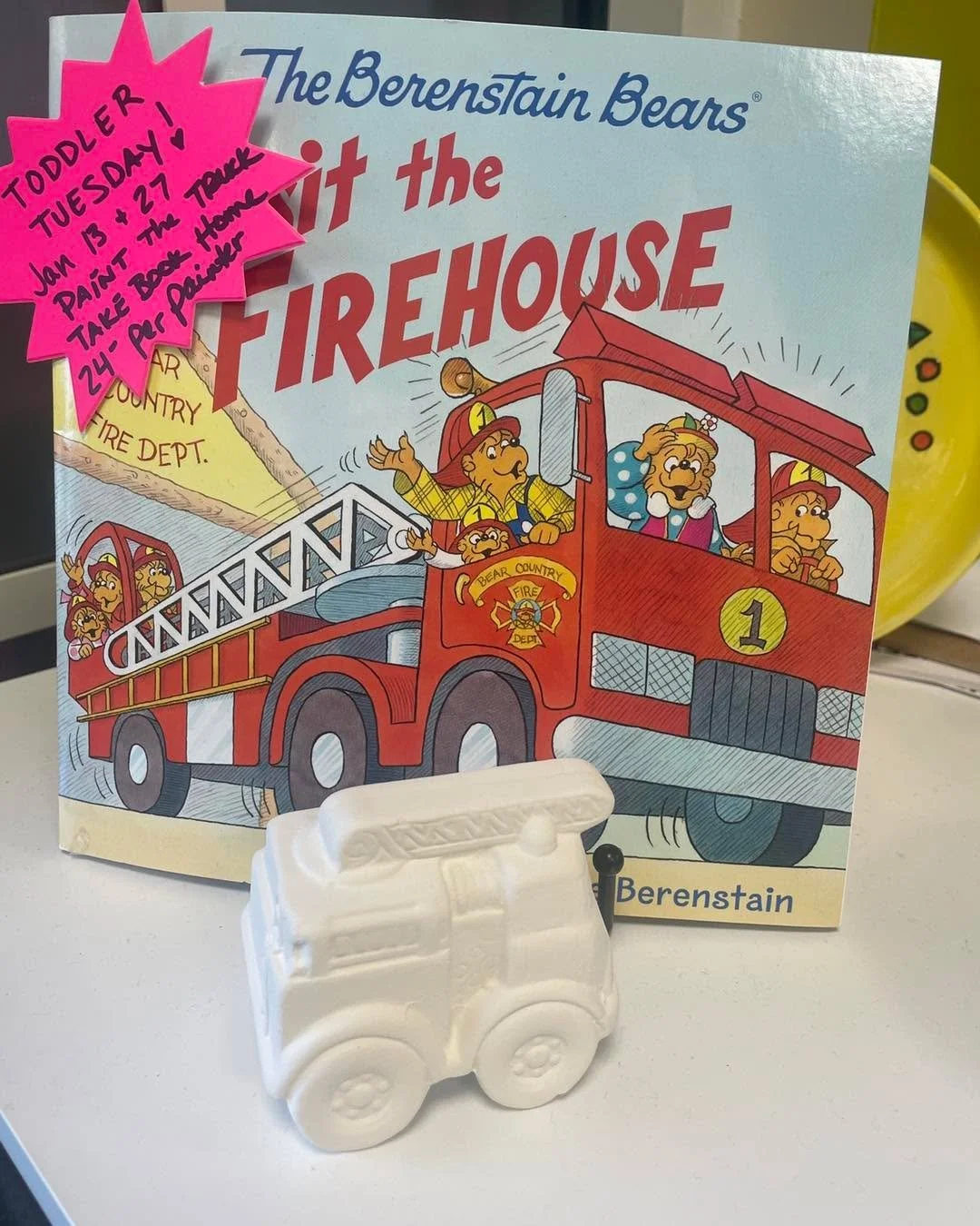 Toddler Tuesday
Tuesday, 
January 27th
10am- 4pm
Firetruck bisque (includes book)
Heat ring dish w/ diamond ring bisque
Heart ornament bisque ( includes book. Prices vary