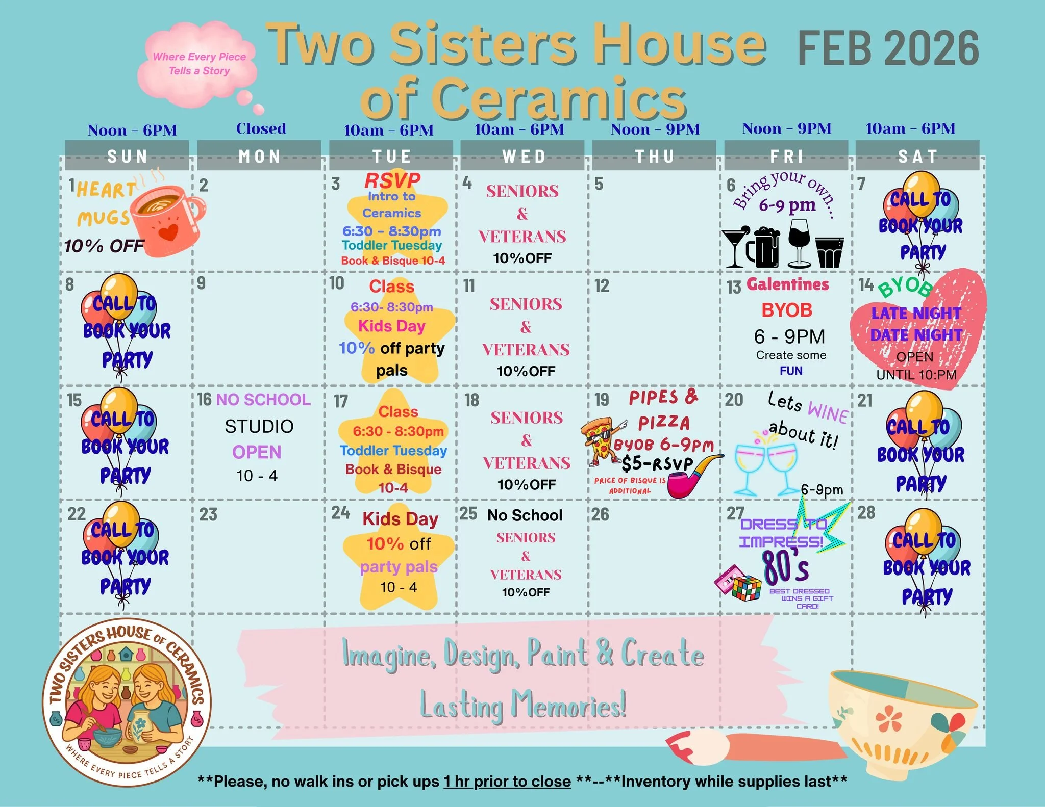 ✨ February at Two Sisters House of Ceramics ✨

Love is in the air &mdash; and so is creativity! 💕
From BYOB nights and Date Night to Kids Days, Toddler Tuesdays, and Senior &amp; Veteran discounts, February is packed with fun for everyone.

🎨 Paint