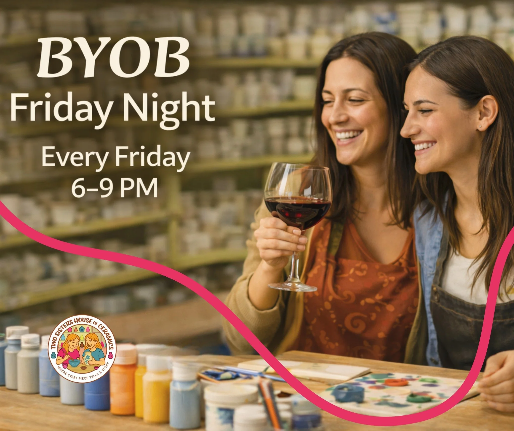 BYOB Friday Nights

End the week with pottery, paint, and your favorite bottle. Bring a friend, make it a date, or enjoy a night out doing something different.

Fridays | 6:00&ndash;9:00 PM

👉 BYOB welcome
👉 Call to reserve your table: 772-323-0578