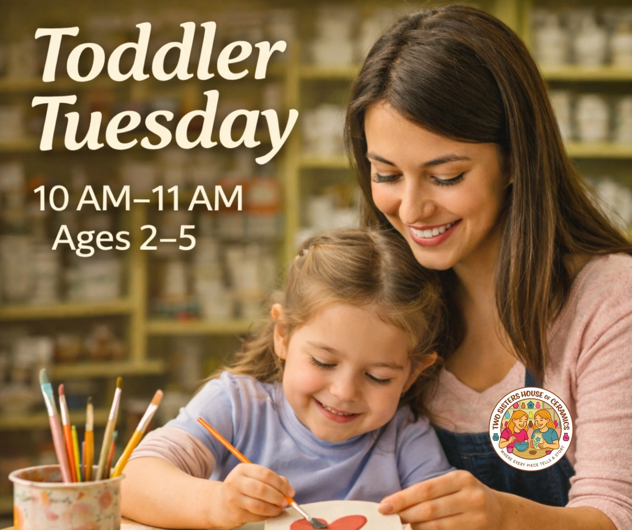 Toddler Tuesday 💕

Every Tuesday from 10:00&ndash;11:00 AM, children ages 2&ndash;5 can paint, create, and have fun in a relaxed, friendly space.

Themes change weekly &mdash; perfect for sweet Valentine keepsakes.

👉 No experience needed
👉 Call w
