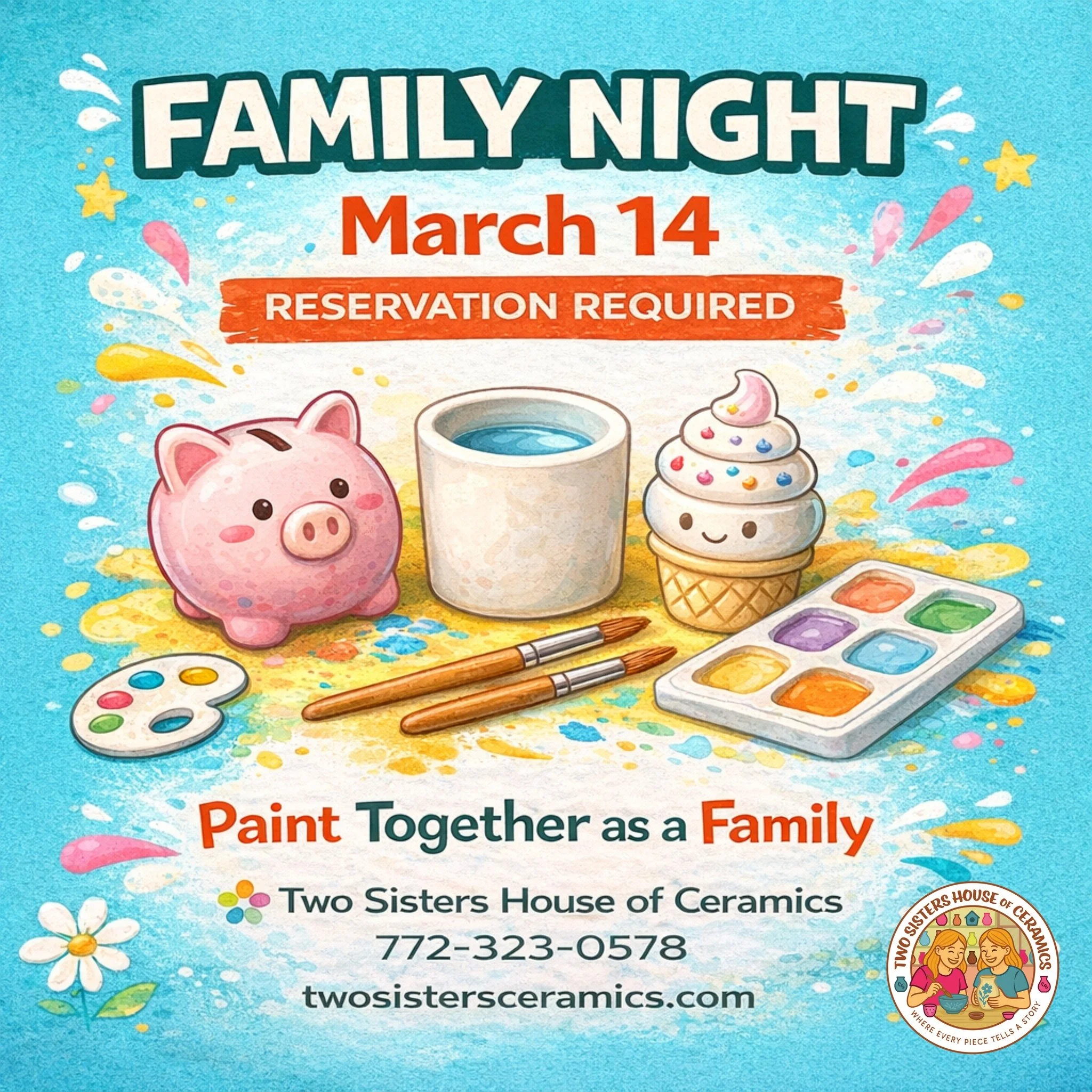 🎨 Family Night &ndash; March 14

Looking for something fun to do with the kids? Join us for Family Night at Two Sisters House of Ceramics!

We&rsquo;re offering to stay 2 extra hours so families can paint and create together &mdash; but reservations