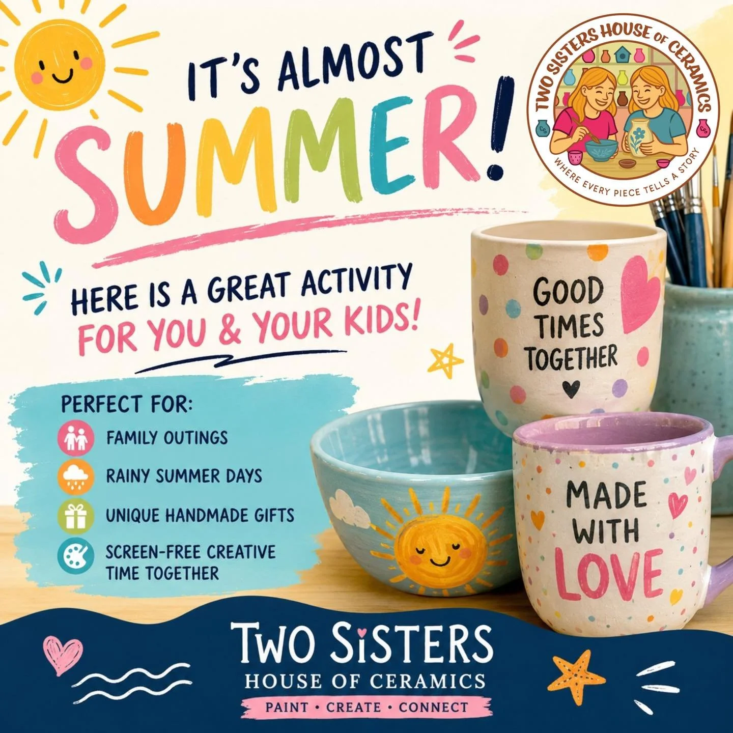☀️ School&rsquo;s almost out and summer is right around the corner! Looking for something creative, relaxing, and fun to do with your kids? 🎨🖌️

Come spend quality time together at Two Sisters House of Ceramics and create something handmade that yo
