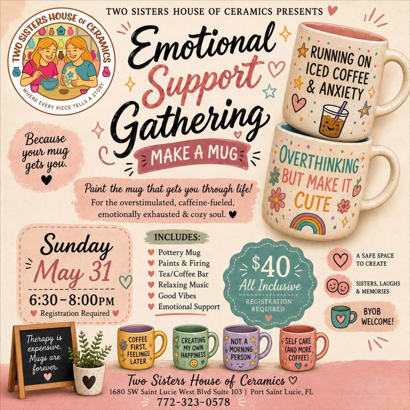 ✨ MAY IS MENTAL HEALTH AWARENESS MONTH ✨
Sometimes self-care isn&rsquo;t a spa day&hellip; sometimes it&rsquo;s slowing down, painting a mug, drinking coffee, and giving your mind a break. ☕💛

Join us for an evening designed for the overstimulated, 