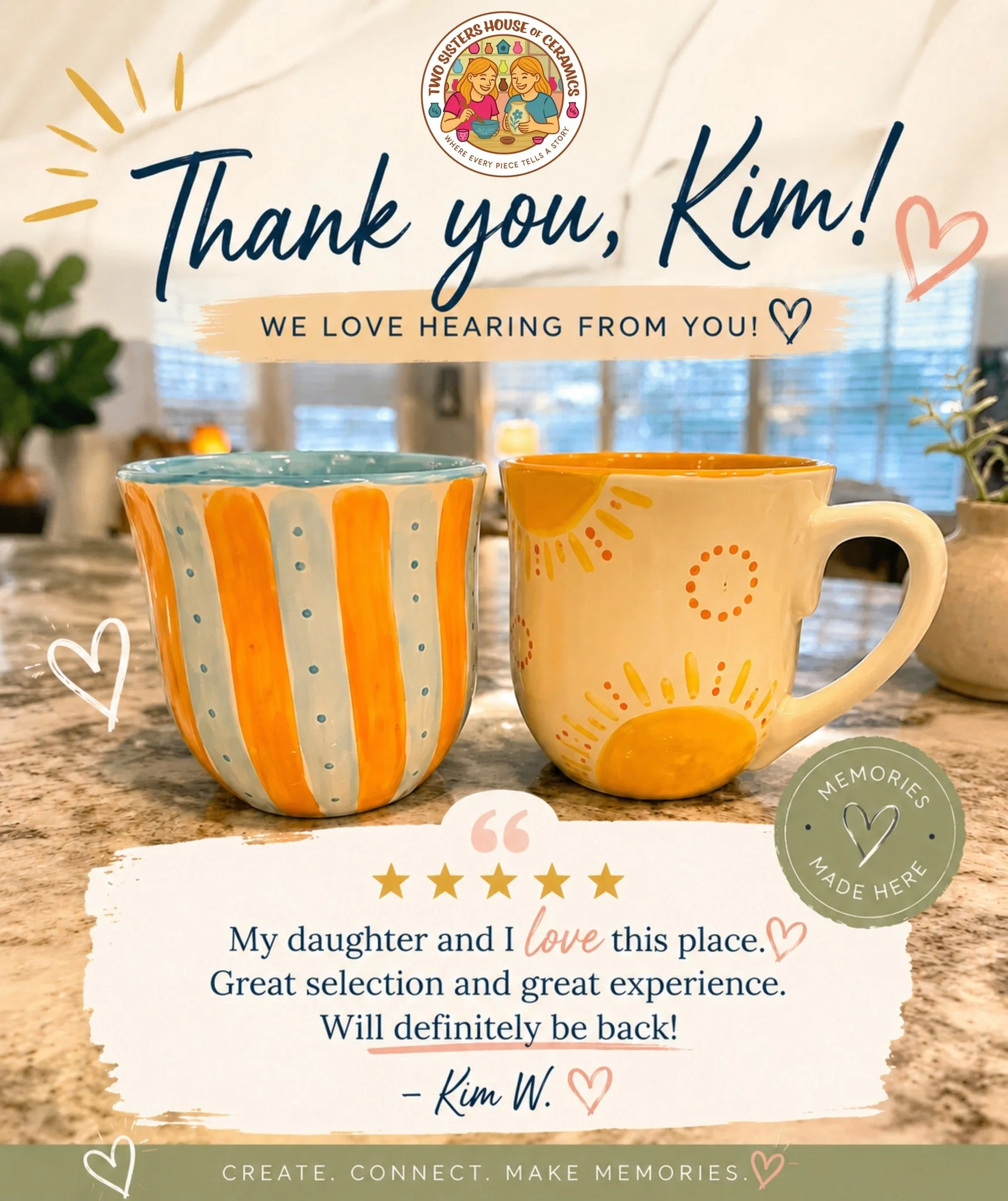 💛 Why Families Love Creating With Us 🎨

&ldquo;My daughter and I love this place. Great selection and great experience. Will definitely be back!&rdquo; &ndash; Kim W.

This is exactly why we do what we do.

It&rsquo;s not just about painting potter