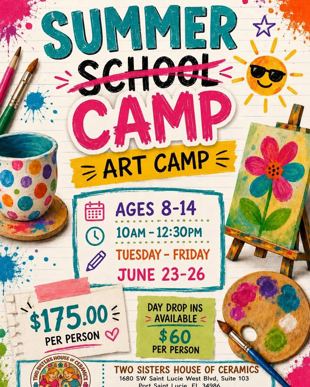 Summer School is back in session... but way more fun!

Trade worksheets for paintbrushes and screens for creativity.

Ages 8-14 17 June 23-26
10AM-12:30PM
772-323-0578

Seats are limited, masterpieces are guaranteed. C
#SummerSchoolArtCamp
#TwoSister