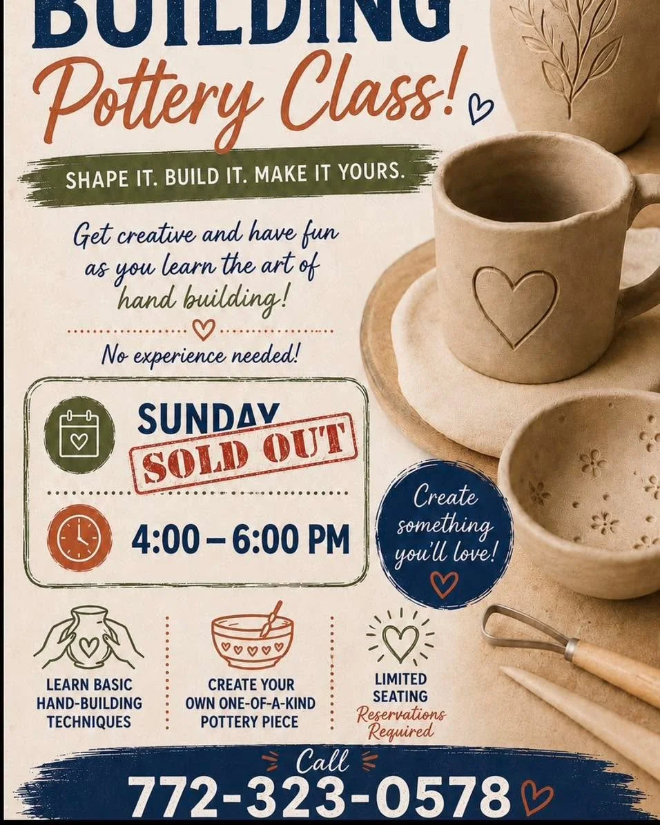 The August 16th hand building class is full. 

Another is planned for 
Sunday, August 30th
4-6 pm

Visit our website to sign up!