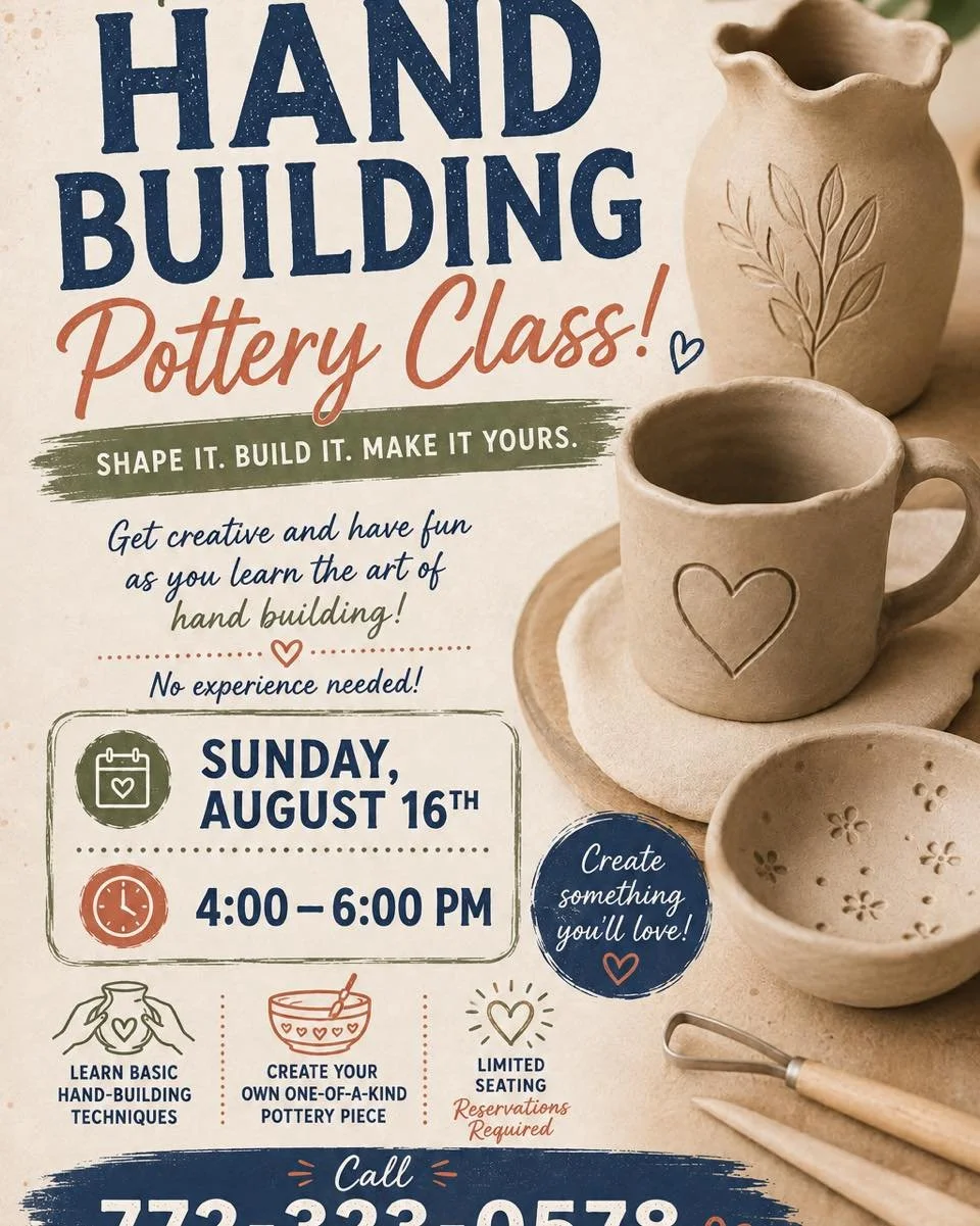 Come get dirty! 
Join us Sunday, August 16th
From 4 - 6pm
For our very 1st hand building class! 
No experience necessary.

Seating is limited and you need a 
Reservation!
