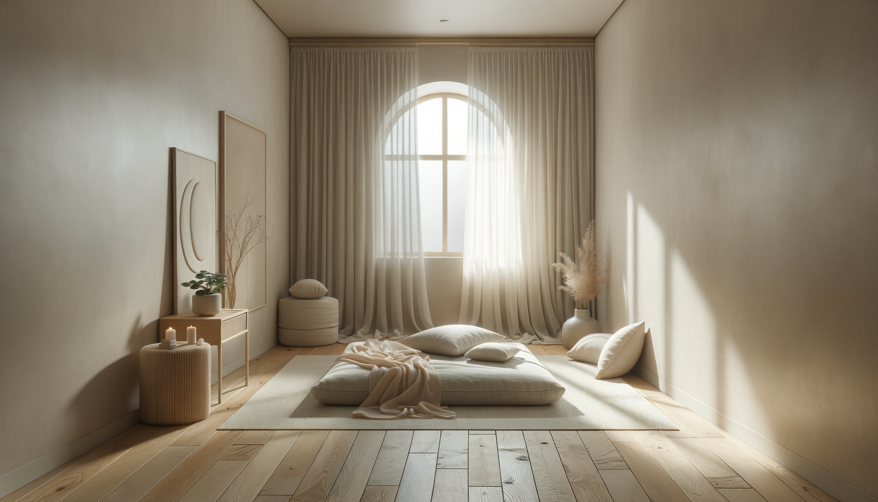 Minimalist bedroom with a low bed, white pillows, and blankets, near a large arched window with sheer curtains, decorated with neutral-toned pillows, vases, and artwork.