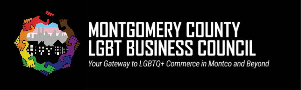 Logo for Montgomery County LGBT Business Council.  Imagine is rainbow circle of hands with a city scape and trans flag in the center