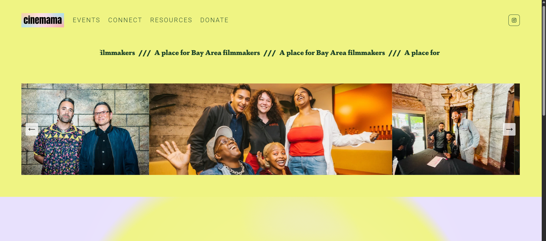 Group of diverse people smiling and posing for photos at a film-related event or gathering, with a yellow background and a website header labeled 'Cinemama' and navigation links.