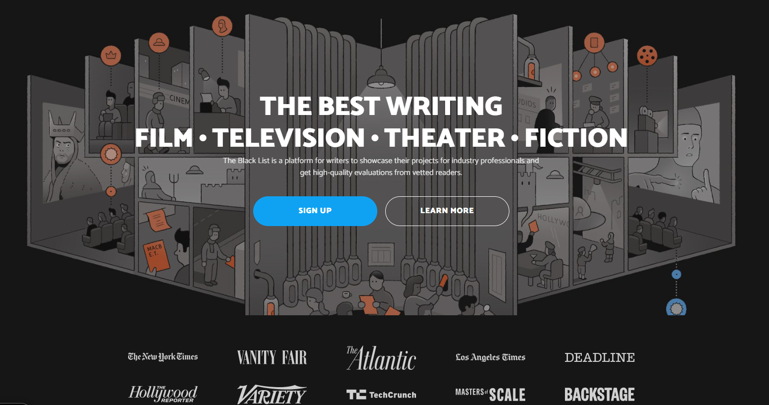 A website homepage promoting writing industry projects for film, television, theater, and fiction, featuring a black background with gray illustrated film studio scenes, and large white text with blue and black buttons for sign-up and learn more.