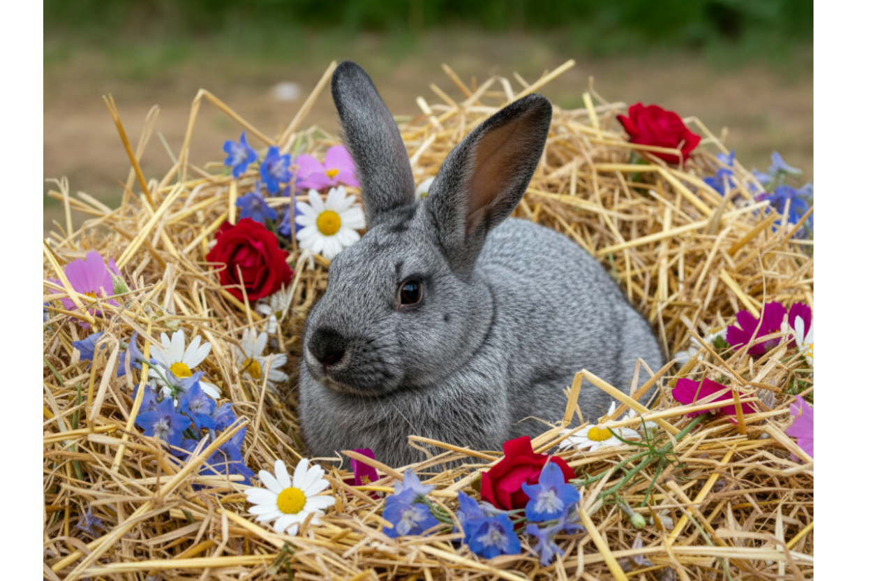 Gray rabbit sitting in a straw nest surrounded by colorful flowers, including red roses, white daisies, pink, purple, and blue flowers.