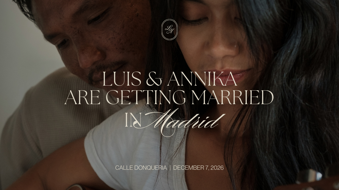 Close-up of a couple with dark hair, focusing on their faces and shoulders, with overlay text about their wedding in Madrid on December 7, 2026.