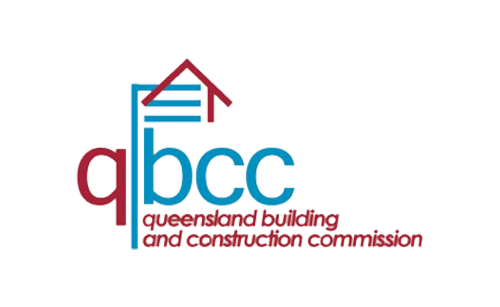Logo of the Queensland Building and Construction Commission, featuring a stylized house outline with blue and red text, and the organization's name in red.