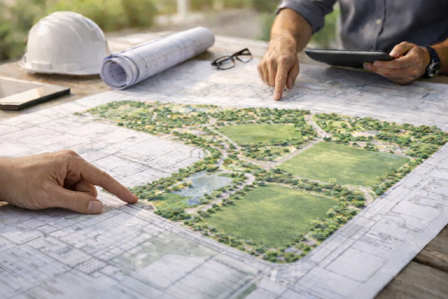 A zoomed-in view of a detailed architectural plan and landscape design, with a person's hand pointing at it, and another person pointing at a map on a tablet, on a wooden table with a white hard hat, glasses, rolled-up blueprints, and a smartphone.