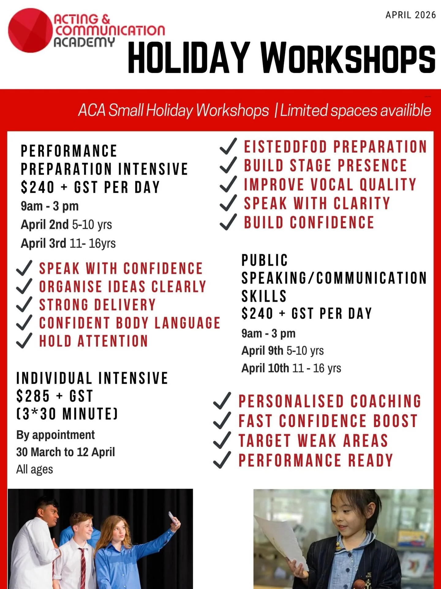 Build confidence. Speak with impact.

April Holiday Speech &amp; Drama Workshops now open.

Build confidence
Develop stage presence
Speak clearly
Perform with impact

Small groups. Limited spots available.

perform@actingandcommunication.sydney