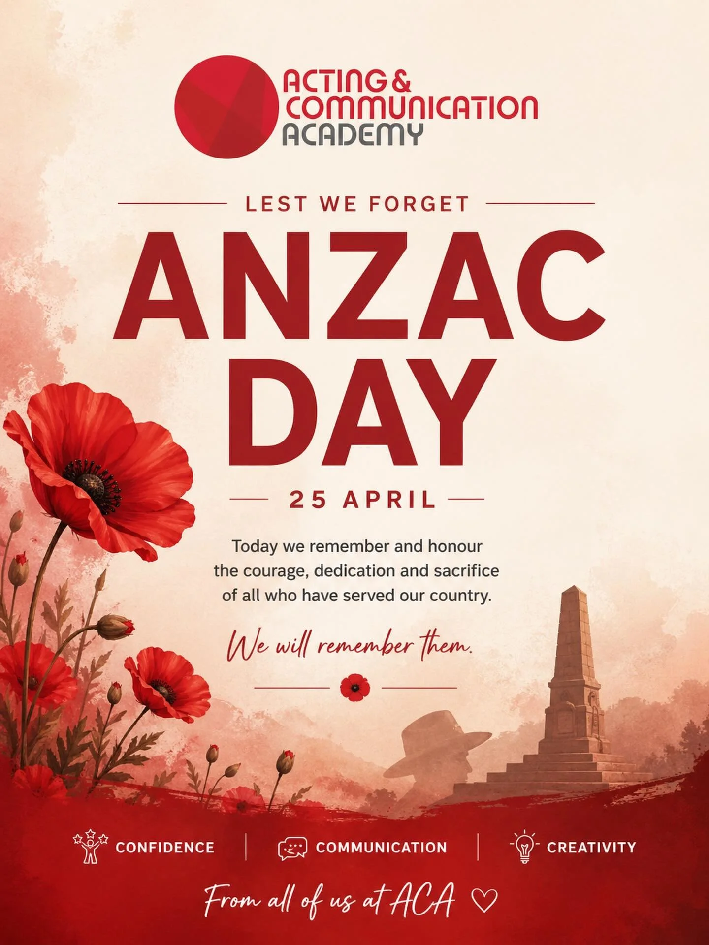 Lest we forget.
Today we pause to remember the courage and sacrifice of those who have served.

From all of us at ACA.

#anzacday #lestweforget #ACA #remembrance #sydney