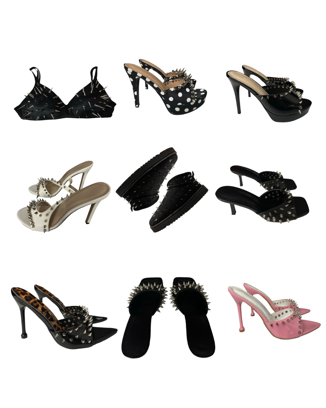 Collection of high-heeled shoes with spikes and studs, including styles with polka dots, leopard print, and pink accents.