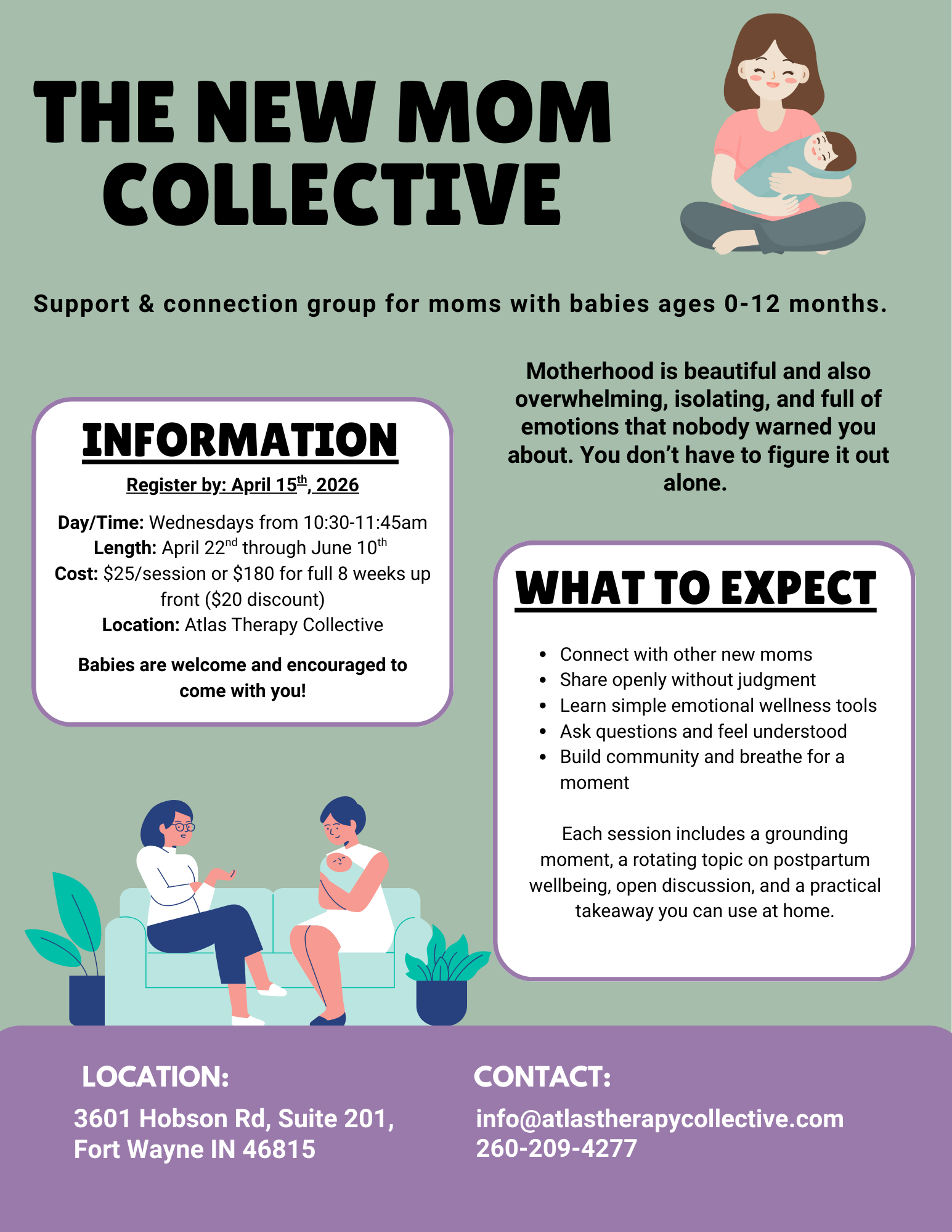Flyer for 'The New Mom Collective' support group for moms with babies aged 0-12 months. Includes details on dates, times, location, cost, and what to expect, with illustrations of mothers and babies.