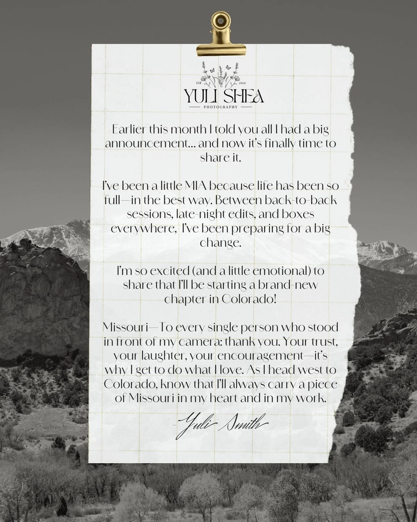The secret&rsquo;s out&mdash;I&rsquo;m headed to Colorado! 

To Missouri, thank you. Truly. You&rsquo;ve given me the confidence to chase this dream further than I ever thought possible. Every session, every laugh, every referral has helped me step i
