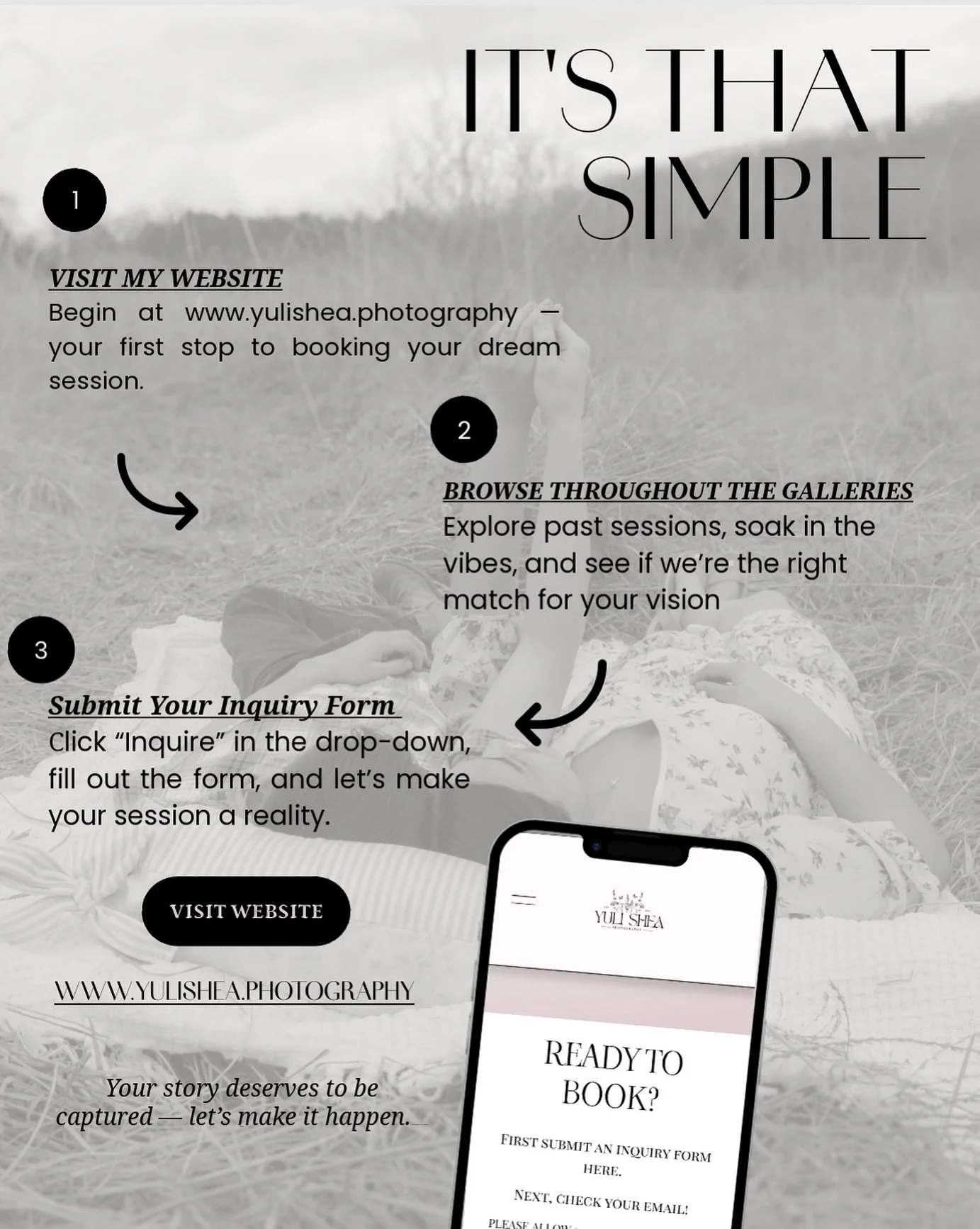 Photos aren&rsquo;t just pictures &mdash; they&rsquo;re memories waiting to be created and captured. 💍✨ 
Your dream session has never been easier to begin. With just 3 simple steps, you&rsquo;ll be one step closer to your timeless photos. Together w