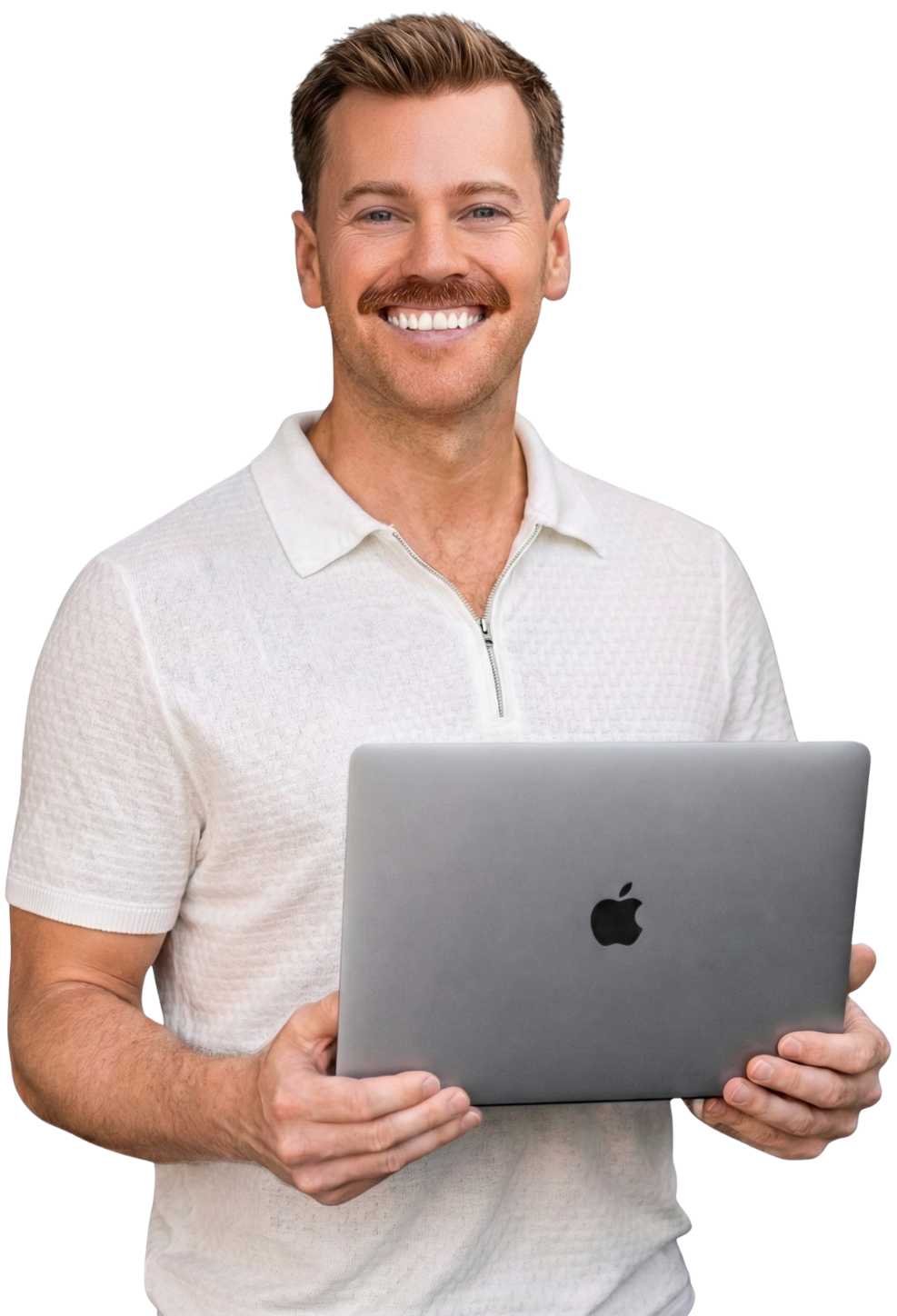 A smiling man with a mustache holding a silver MacBook laptop.