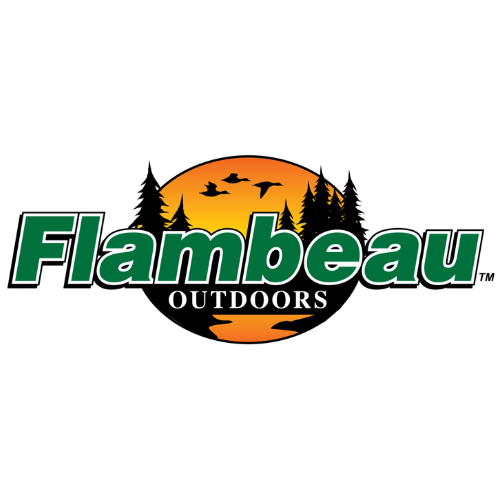 Logo for Flambeau Outdoors featuring a sunset with trees and flying birds