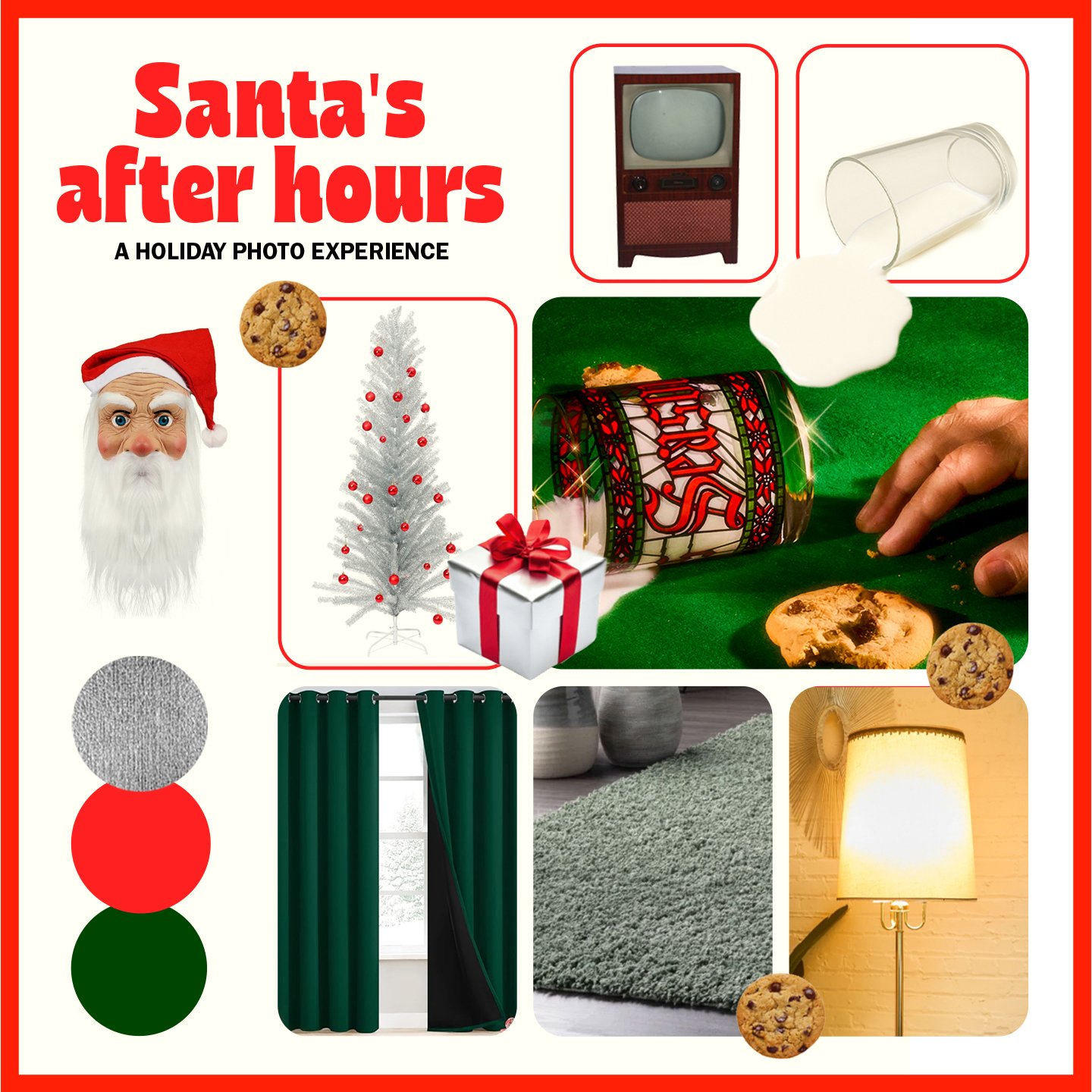 Decorative holiday scene with a vintage television, spilled milk from a glass, a Santa face mask, Christmas tree, gift box, curtain, rug, lamp, and cookies.