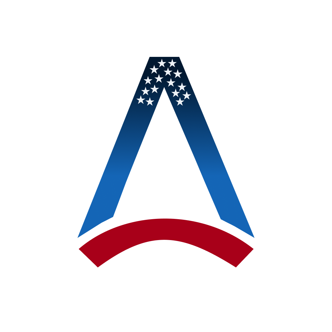 A stylized graphic resembling the letter A, with the top decorated with white stars on a dark blue background, and a red curved stripe at the bottom.