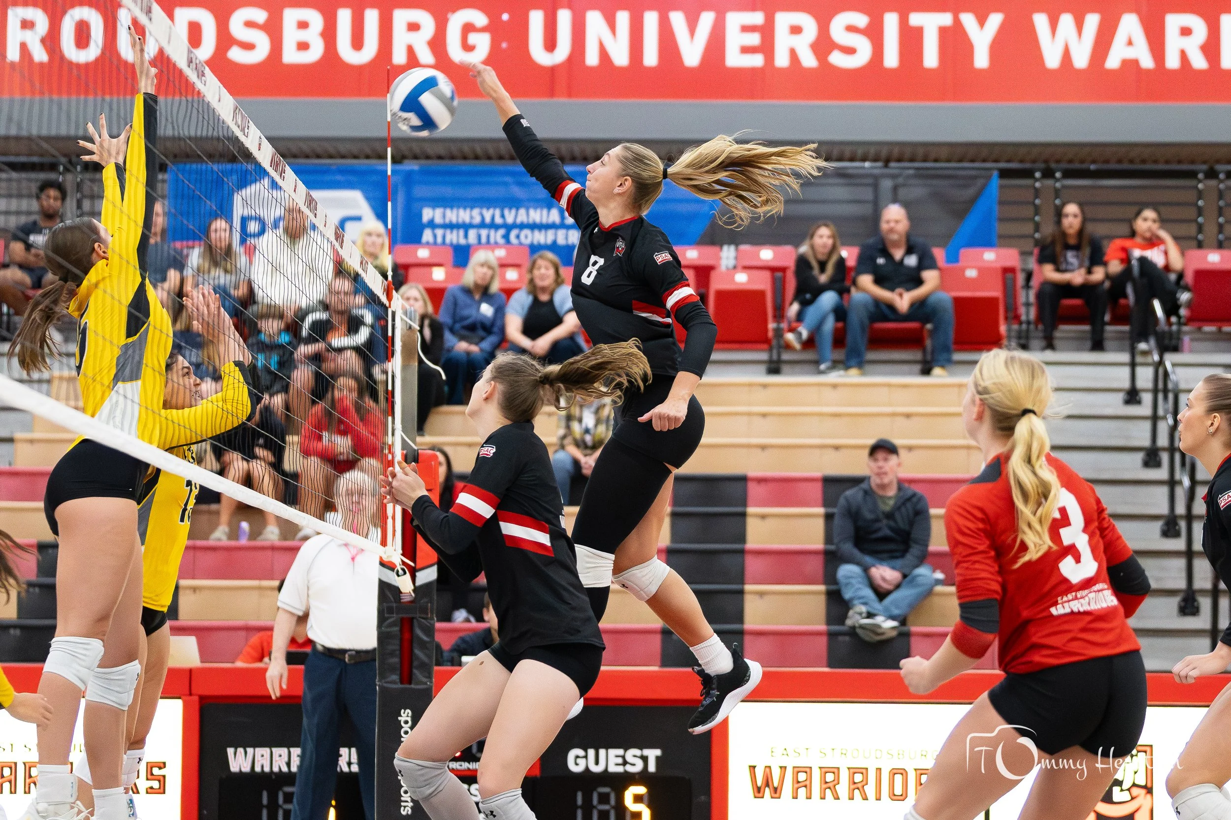 Female volleyball players in black and red jerseys near the net during a match, with one player jumping to hit the ball, and the opposing team in yellow to block.