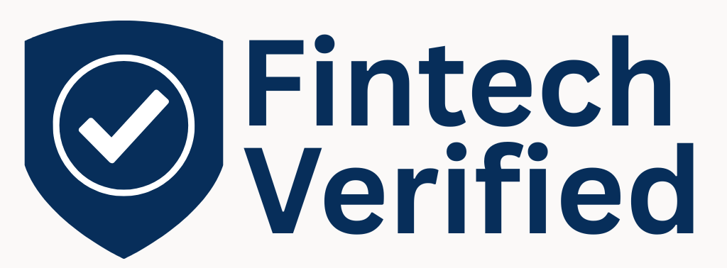A logo with a shield icon containing a checkmark, next to the text 'Fintech Verified' in bold blue letters.