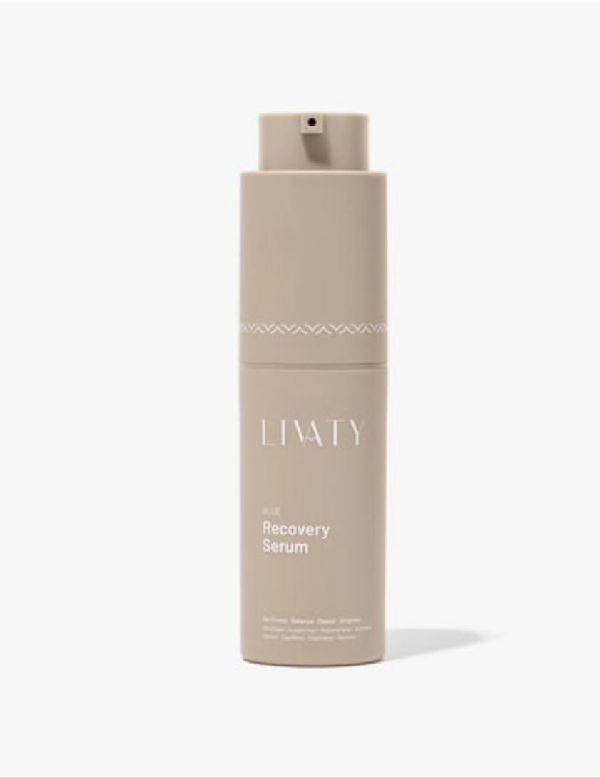 A beige bottle of LIATY SKIN Recovery Serum with a pump dispenser, set against a white background.