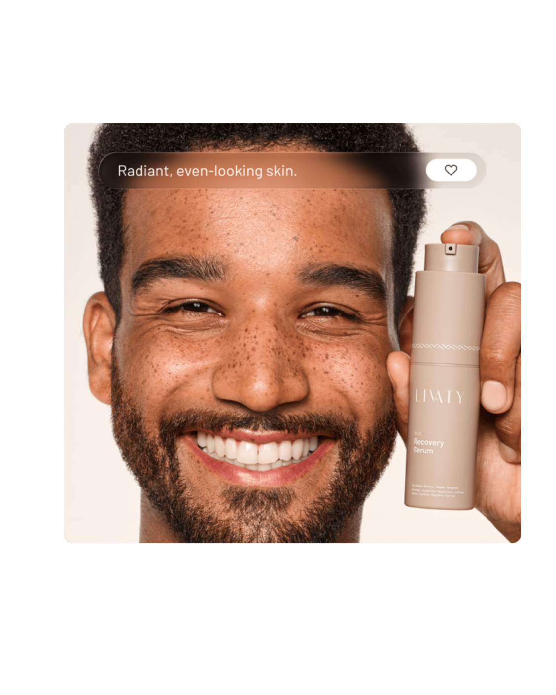 A smiling man with dark curly hair and a beard holding a beige spray bottle of LIVATY Recovery Serum. Text overlay reads 'Radiant, even-looking skin.'.