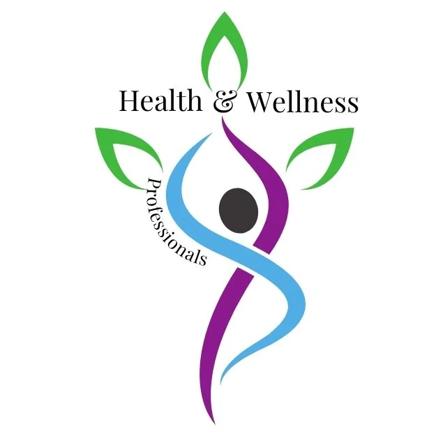 Logo for Health & Wellness Professionals featuring a stylized figure with green leaves as hair, a purple ribbon for the body, a blue ribbon for the arm, and a black circle representing the head.