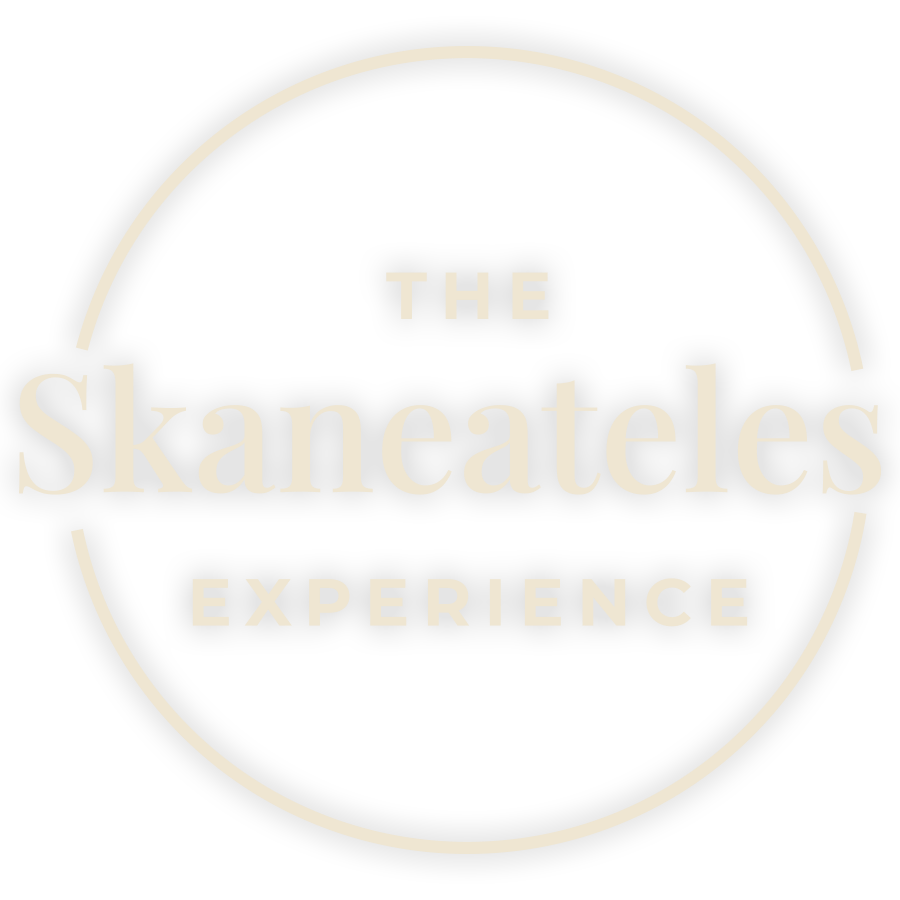 Logo for The Skaneateles Experience with a black background and white text inside a circle, reading "THE skaneateles EXPERIENCE".