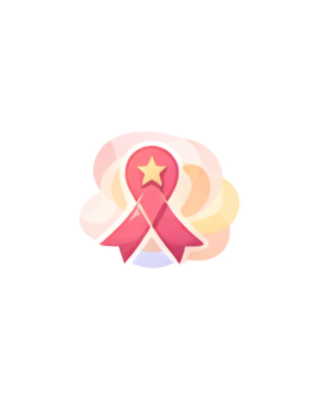 A pink ribbon badge with a yellow star in the center and a pink circular background, surrounded by soft pastel clouds.