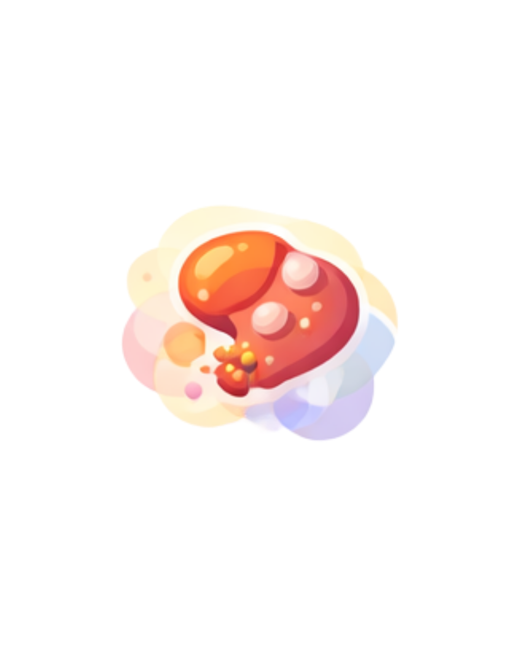 A colorful, cartoon-style illustration of a mushroom with an orange cap and pinkish-red stem, surrounded by pastel bubbles and abstract shapes.