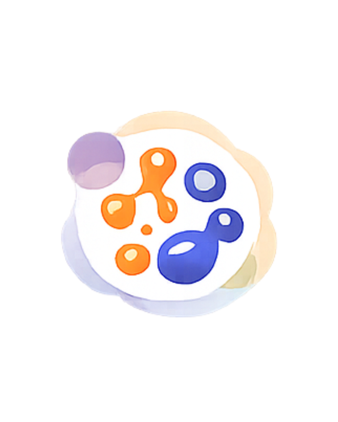 A colorful board game with orange, blue, purple, and yellow game pieces inside a circular bowl.